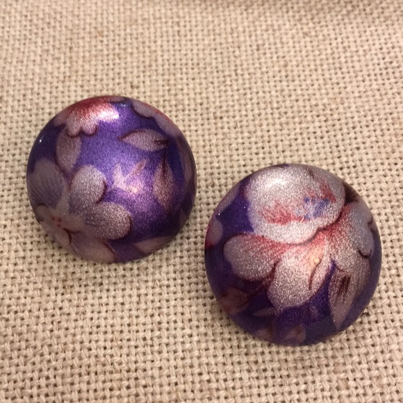 Vintage Purple Glitter Floral Button Earrings - Picture 1 of 8